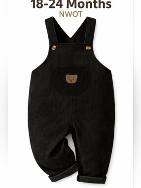 Black Corduroy Kids Overalls with Bear Patch
